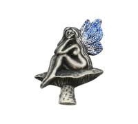 English Handmade Pewter Fairy on Toadstool Folklore Brooch, Silver Finish, Hand-Cast, 30 x 39mm, with Velvet Gift Pouch
