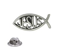 English Handmade Pewter Ichthys Fish Jesus Lapel Pin Badge 30 x 10 mm, Presented in a Gift Box