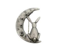 English Handmade Pewter Rabbit on the Moon Brooch, Silver Finish, Hand-Cast, 33 x 49mm, with Velvet Gift Pouch
