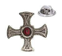 English Handmade Pewter St Cuthbert's Cross & Red Stone Lapel Pin Badge 27 x 27 mm