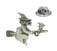 English Handmade Pewter Witch and Cat on Broomstick Lapel Pin Badge 35 x 25 mm, Presented in a Gift Box