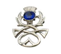 English Made Pewter Celtic Knotwork Thistle Blue Gem Stone Brooch in a Velvet Gift Pouch, 39 x 34mm