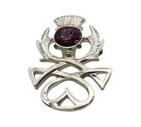 English Made Pewter Celtic Knotwork Thistle Purple Gem Stone Brooch in a Velvet Gift Pouch, 39 x 34mm