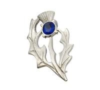 English Made Pewter Celtic Scottish Thistle Blue Gem Stone Brooch in a Velvet Gift Pouch