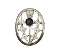 English Made Pewter Celtic Scottish Thistle Oval Framed with a Black Gem Stone Brooch in a Velvet Gift Pouch