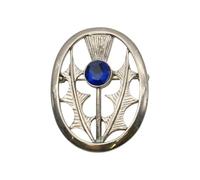 English Made Pewter Celtic Scottish Thistle Oval Framed with a Blue Gem Stone Brooch in a Velvet Gift Pouch