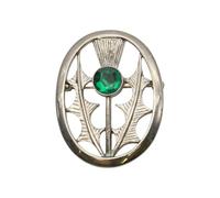 English Made Pewter Celtic Scottish Thistle Oval Framed with a Green Gem Stone Brooch in a Velvet Gift Pouch