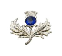English Made Pewter Celtic Thistle Blue Gem Stone Brooch in a Velvet Gift Pouch, 39 x 31mm