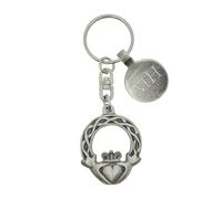 English Made Pewter Claddagh Ring, Irish Love Design Keyring with Personalised Tag, 85 x 32mm, Gift Pouch Included