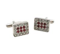 English Made Pewter Rectangle Cufflinks, Red and Clear Imitation Gems, 17x17mm, Swivel T-Bar, with a Personalised Leatherette Gift Box