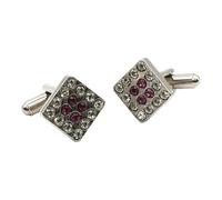 English Made Pewter Square Cufflinks, Pink and Clear Imitation Gems, 17x17mm, Swivel T-Bar, with a Personalised Leatherette Gift Box