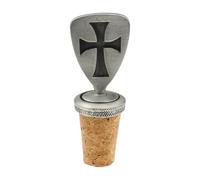 English Made Pewter Templar Shield Wine Bottle Stopper, 75 x 30 mm, Cork Base, with Velvet Pouch