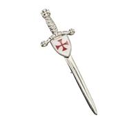 English Made Pewter Templar Sword Design Kilt Pin Brooch with Enamelled Shield, Silver, 100 x 30mm, in a Personalised Gift Box