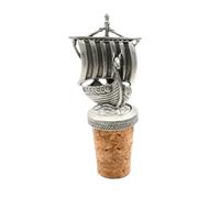 English Made Pewter Viking Ship Wine Bottle Stopper, 85 x 35 mm, Cork Base with Velvet Pouch