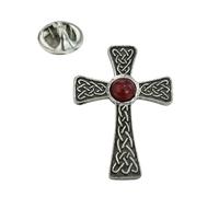 English Made Red Celtic Gem Cross Pewter Lapel Pin Badge. Single Unit. XWTP051