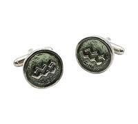 English Pewter Aquarius Star Sign Cufflinks, Round Enamel Design, Antique Silver Finish, in a Personalised Leatherette Box