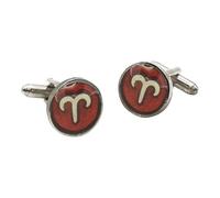 English Pewter Aries Star Sign Cufflinks, Round Enamel Design, Antique Silver Finish, in a Personalised Leatherette Box