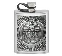 English Pewter Company 6oz Embossed 30th Birthday Badge Hip Flask with Flexi Cap Personalised with Free Engraving [EMB017]