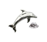 English Pewter Dolphin Lapel Pin Badge, Shiny Finish, Butterfly Clutch, 28 x 40mm, in a Gift Box