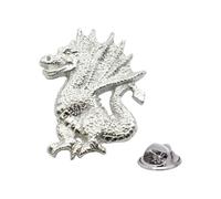 English Pewter Dragon Lapel Pin Badge, Shiny Finish, Butterfly Clutch, 45 x 33mm, in a Gift Box