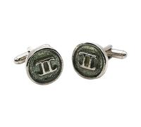 English Pewter Gemini Star Sign Cufflinks, Round Enamel Design, Antique Silver Finish, in a Gift Box