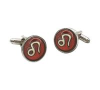 English Pewter Leo Star Sign Cufflinks, Round Enamel Design, Antique Silver Finish, in a Personalised Leatherette Box