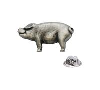 English Pewter Pig Lapel Pin Badge, Antiqued Patina Finish, Butterfly Clutch, 22 x 40mm, in a Gift Box