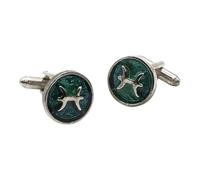 English Pewter Pisces Star Sign Cufflinks, Round Enamel Design, Antique Silver Finish, in a Gift Box