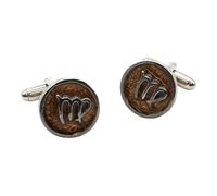 English Pewter Virgo Star Sign Cufflinks, Round Enamel Design, Antique Silver Finish, in a Personalised Leatherette Box
