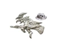 English Pewter Witch Lapel Pin Badge, Shiny Finish, Butterfly Clutch, 42 x 23mm