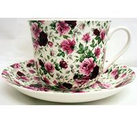 English Rose Breakfast Cup & Saucer Fine Bone China Large Roses Cup & Saucer Set Hand Decorated in The U.K. Free UK Delivery