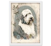 English Sheepdog with Flower Blooms Boho Portrait Watercolour Illustration Artwork Framed Wall Art Print A4 Artery8 White One Size