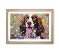 English Springer Spaniel Bubbles Framed Print | A2 Oak Framed Wall Art | Ready to Hang | Modern Animal Picture | Living Room Bedroom Lounge Office