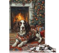English Springer Spaniel by Fireplace Dog in Sweater Christmas Art Puzzle Jigsaws 300 Pieces for Adults Wooden Puzzle Jigsaws for Adults Puzzling for Gift 1000pcs (75x50cm)