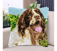 English Springer Spaniel Dog DIY Latch Hook Kits Pillow with Printed Canvas Handmade Cushion Crochet Yarn Embroidery Hook and Latch Kit Pillowcase Christmas Decoration 43x43cm