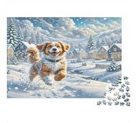 English Springer Spaniel Recycled Paper Golden Retriever Running in Snowy Village Jigsaw Puzzle Collectible Gift for Adults 70x50cm/1000pcs