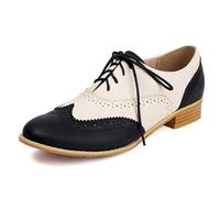 English Style Oxford Brogues Two-Tone Black and White Lace-Up Low Block Heel Round Toe Perforated Leather Flats Womens Classic Office Dress Shoes,Black,4 UK