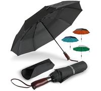 ENGLISH SUMMER Luxury Windproof Umbrella for Rain & Sun: Strong, Automatic, Extra Large Canopy, Vented, Portable Folding, Quality, Real Wooden Handle (Black)