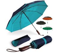 ENGLISH SUMMER Luxury Windproof Umbrella for Rain & Sun: Strong, Automatic, Extra Large Canopy, Vented, Portable Folding, Quality, Real Wooden Handle (Navy & Coastal Blue)