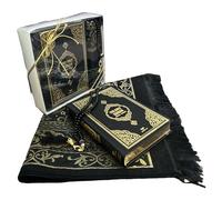 English Translate Thermo Leather Covered Quran, Tafta Prayer Mat and Beads Set |Quran Size:8x5.5x1.2 İnch/20x14x3cm | Muslim Prayer Mat | Great Ramadan Gifts for Muslim Men,Women (Black, 1 Sets)