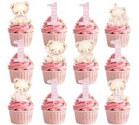 EngoEagle 24 Pcs Beary First Birthday Cupcake Toppers, Teddy Bear Theme 1st Birthday Decorations, We Can Bearly Wait Party Supplies for Girls (Pink)