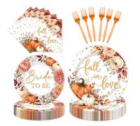 EngoEagle 96 Pcs Fall Plates Napkins and Forks, Fall in Love Bridal Shower Decor, Boho Disposable Paper Tableware Set, Autumn Leaves Pumpkin Theme Party Supplies, Serves 24 Guests