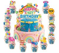 EngoEagle Happy Birthday Cake Toppers, 49Pcs Cartoon Teacher 1st Birthday Cupcake Toppers, Rainbow Baby Shower Supplies for Girls, English Teacher Fans Theme Decor, ABC Bus Dessert Cake Decorations