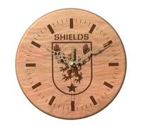 Engrave it Baby Shields Irish Family Crest Wall Clock, Solid Cherry Wood, 180 mm, Laser Engraved Coat of Arms, Silent Sweep Movement, Handmade Irish Gift