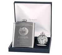 Engraved 18th Birthday Pewter Fly Fishing Feature Mother of Pearl Pocket Watch and Hip Flask Gift Set