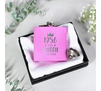 Engraved 1956 This Queen was Born Pink Metal 6oz Whisky Flask, 70th Birthday Hip Flask for Women, Grandma, Mum 70th Birthday Gift, Seventieth Birthday Keepsake Gift for Her