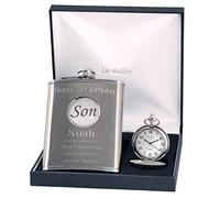Engraved 21st Birthday Pewter Son Feature Pocket Watch and Hip Flask Gift Set in a Quality Box