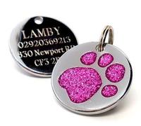 Engraved 25mm Glitter DARK PINK Paw Shaped Pet ID Tag - In Stock and Supplied by Busy Bits