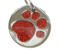 Engraved 25mm RED Glitter PAW Pet ID Tag - Engraved & Posted Free by M&K Supplies. Cat Dog Print Shape Design Identity Gift
