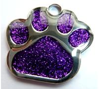 Engraved 27mm PURPLE GLITTER PAW PRINT Pet ID Tag - ENGRAVED & POSTED FREE by M&K Supplies. Cat Dog Shape Design Identity Gift